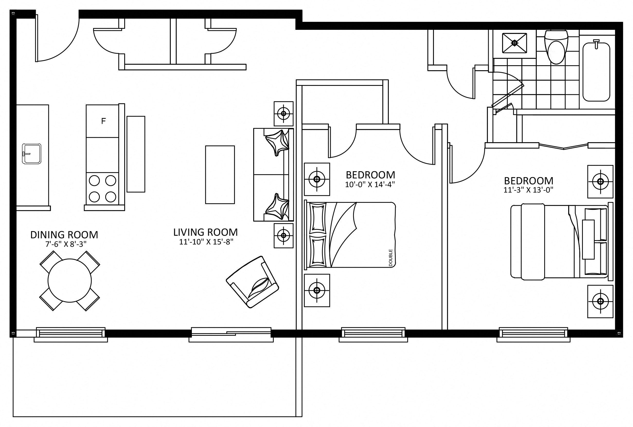 Floor plan for 2 beds, 1 bath, 923 sqft